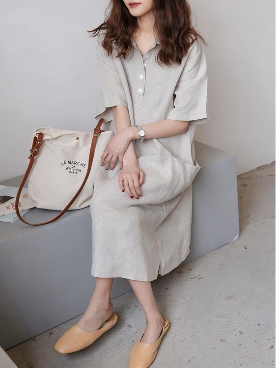 Casual Loose Linen Shirt Dress - Damen Baumwoll-Leinen Hemdkleid Lässiger Sommer-Stil Locker