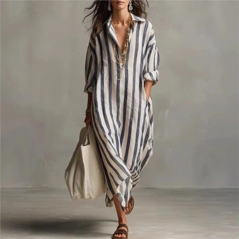 Casual Loose Linen Shirt Dress - Elegante Leinenkleider mit Umlegekragen, trendige, lässige,