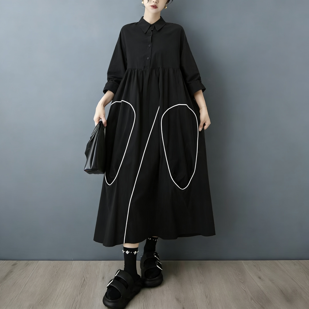 Korean Style A Line Shirt Dress - SuperAen Frühling und Herbst Neues Schwarzes