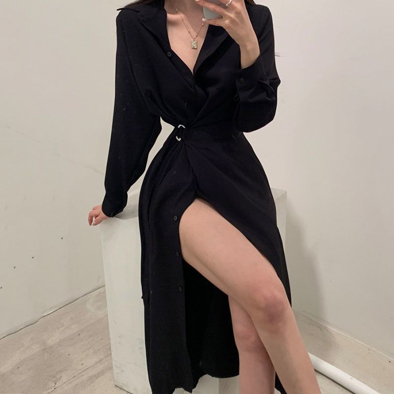 Langärmliges Revershemd-Kleid  – Korean Style A Line Shirt Dress Bewertung und Preis