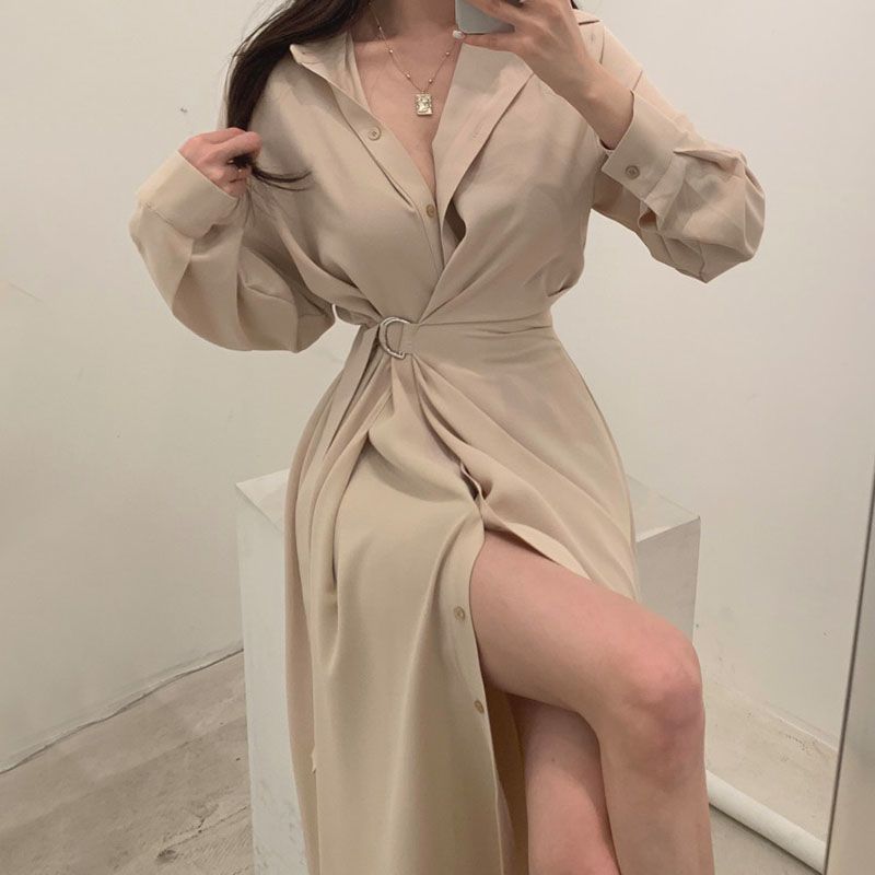 Langärmliges Revershemd-Kleid  – Korean Style A Line Shirt Dress Bewertung und Preis