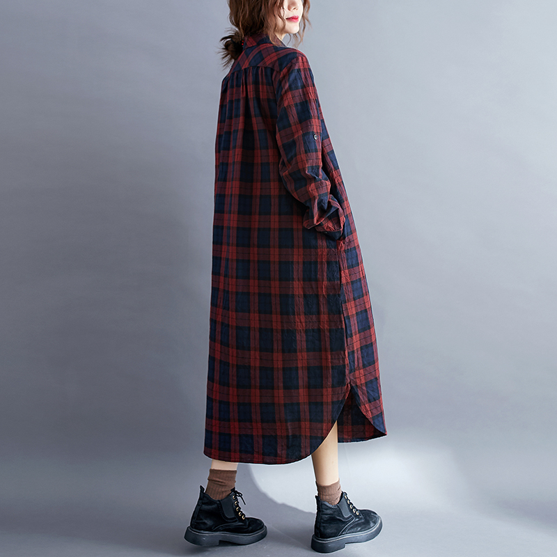 Lässiges kariertes Langarm-Hem – Korean Style A Line Shirt Dress Bewertung und Preis