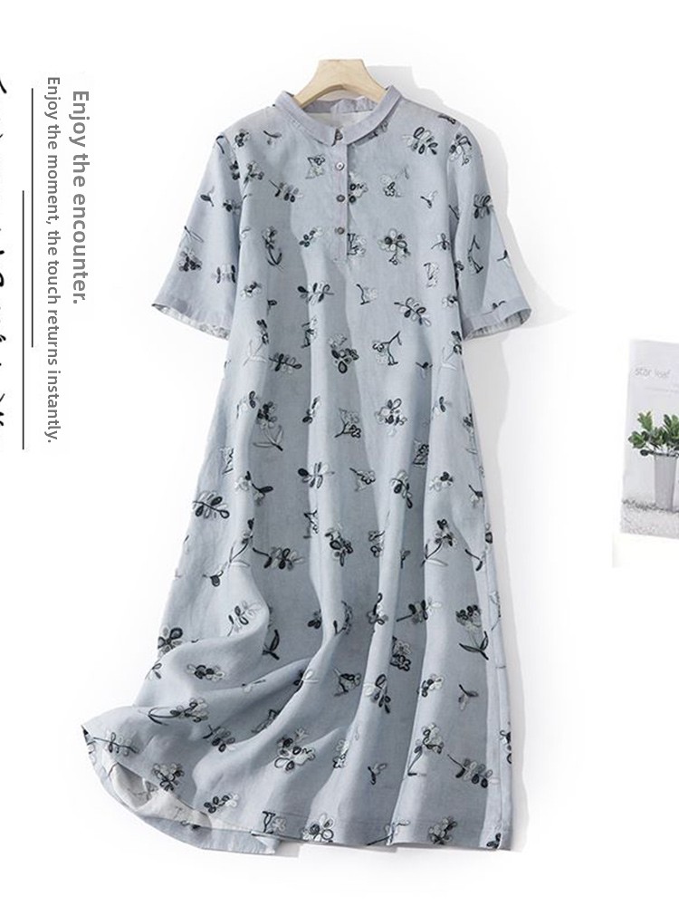 Künstlerisches Blumenmuster Lo – Casual Loose Linen Shirt Dress Bewertung und Preis