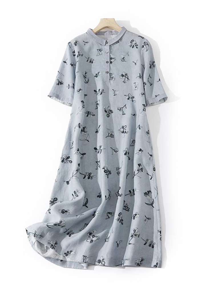 Künstlerisches Blumenmuster Lo – Casual Loose Linen Shirt Dress Bewertung und Preis
