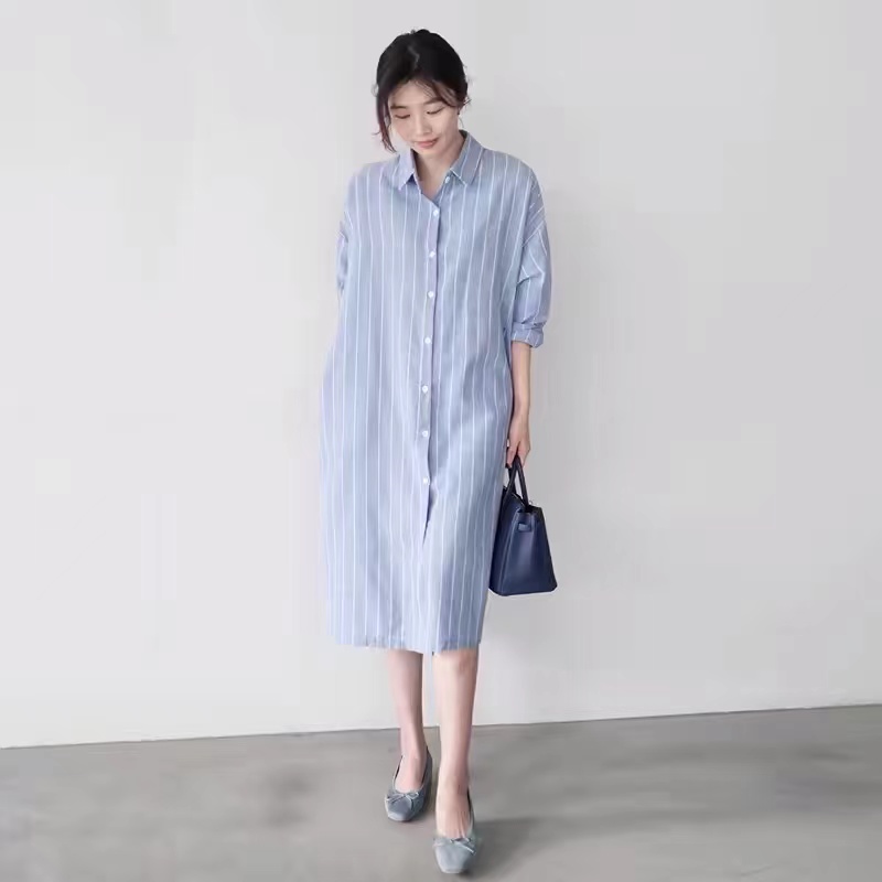 Blau gestreiftes Hemdkleid für – Korean Style A Line Shirt Dress Bewertung und Preis