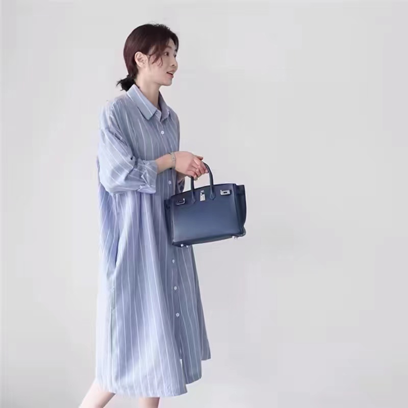 Blau gestreiftes Hemdkleid für – Korean Style A Line Shirt Dress Bewertung und Preis