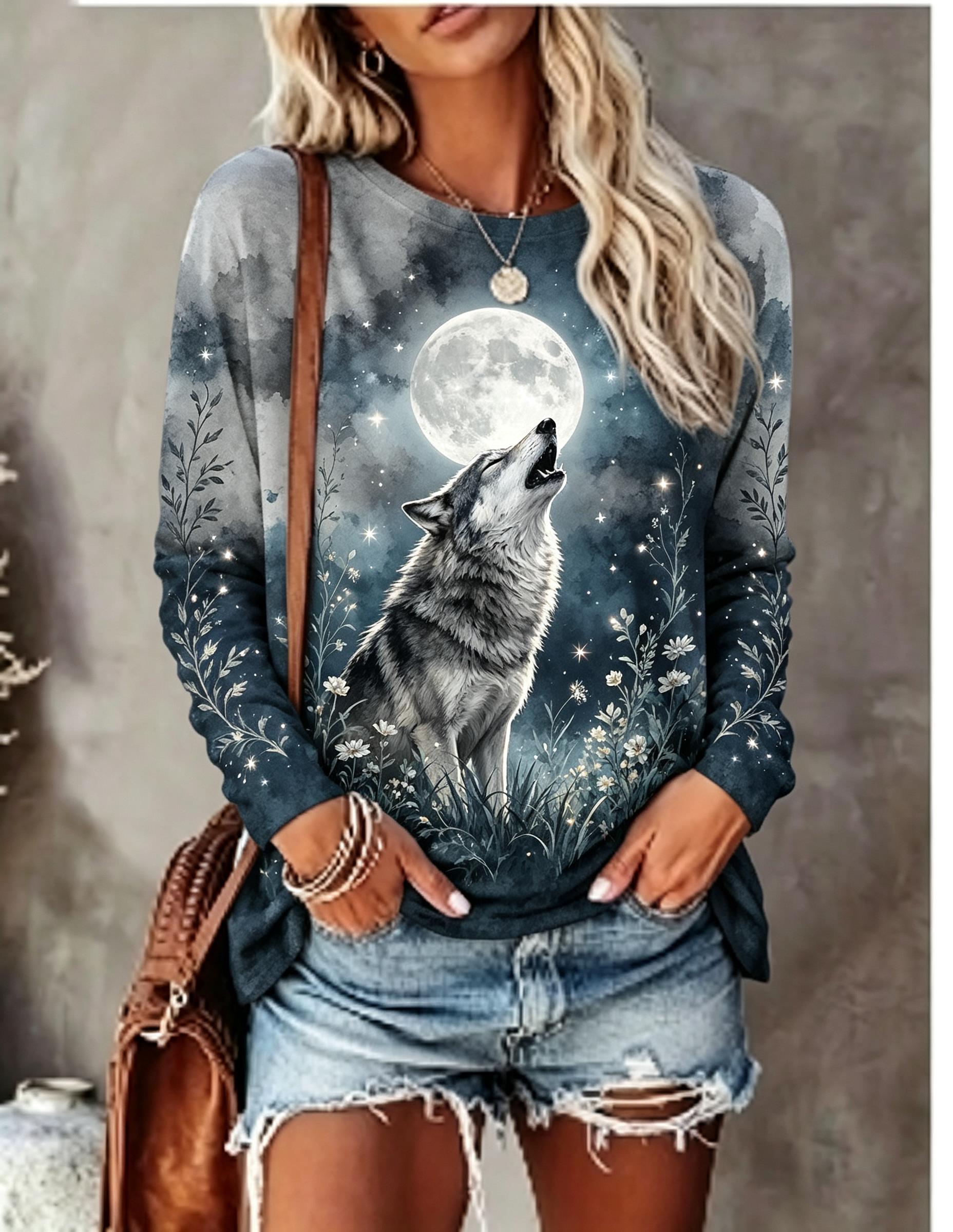 Damen-Langarm-T-Shirt mit Wolf – Blouses Bewertung und Preis